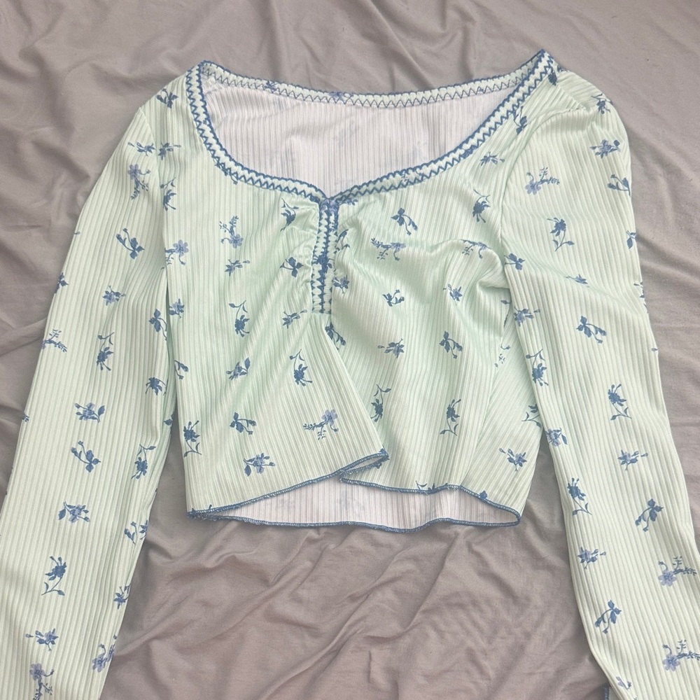 Mint Green Floral Ribbed Square-Neck Long Sleeve Top